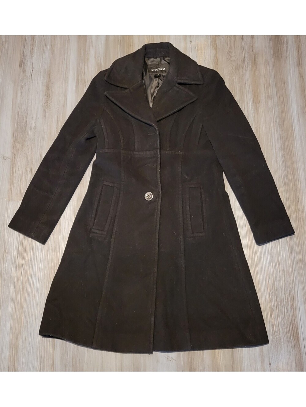 Nine West Women's Black Wool Blend Long Coat Size 8 Mid Length